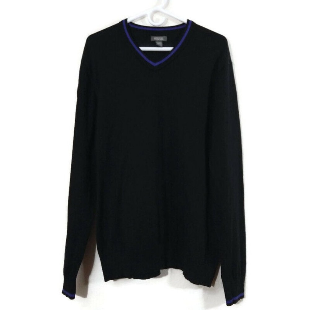Kenneth Cole Reaction Men's Sonia Sweater Black 2XL Blue Rim V-neck Y2K Academic